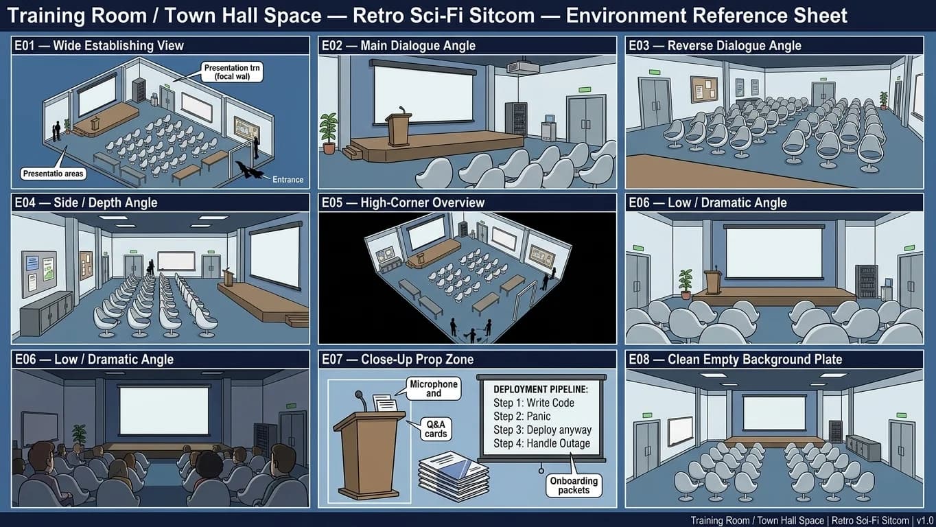 Training Room and Town Hall Space in Retro Sci-Fi Sitcom style.