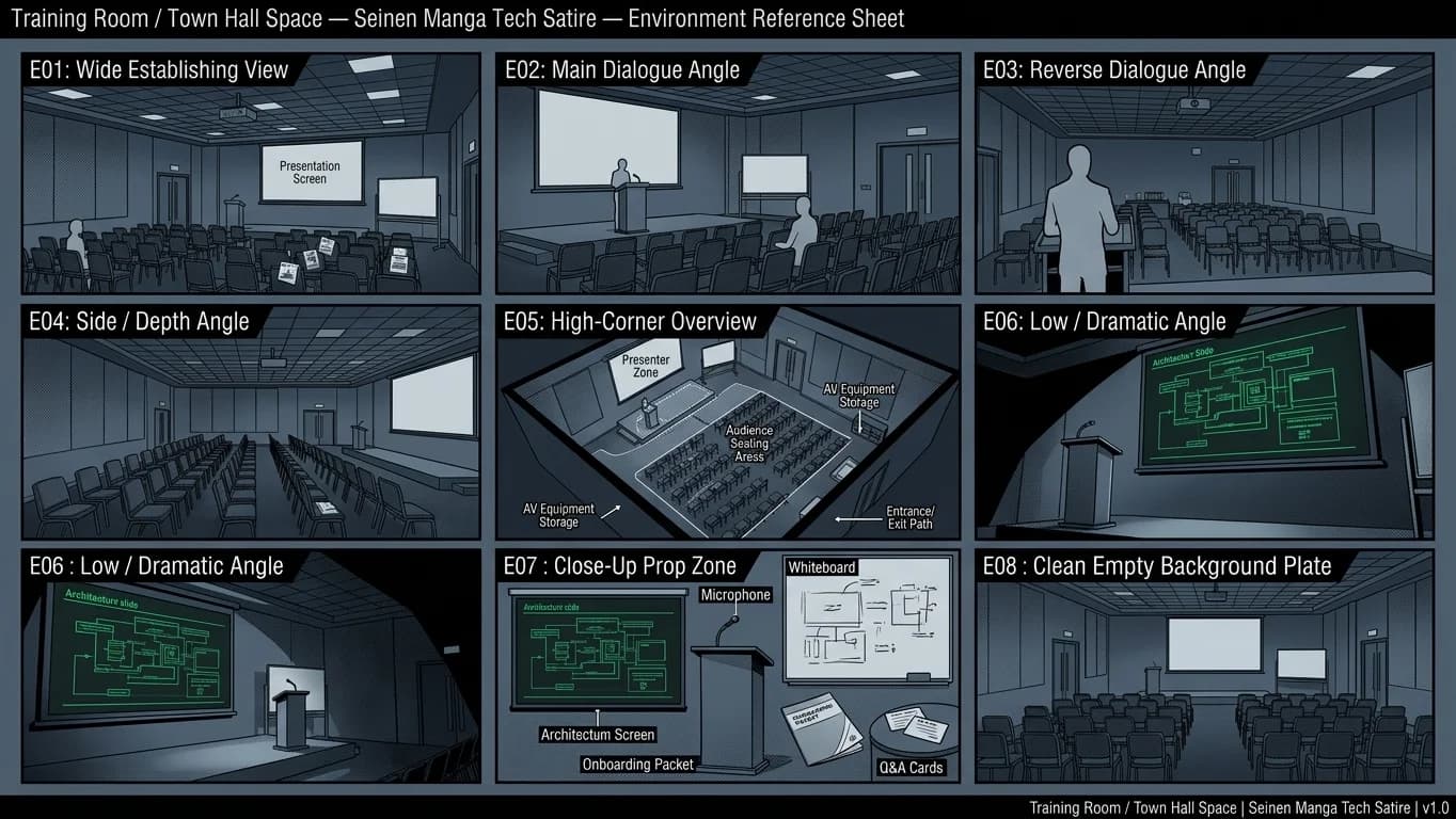 Training Room and Town Hall Space in Seinen Manga Tech Satire style.