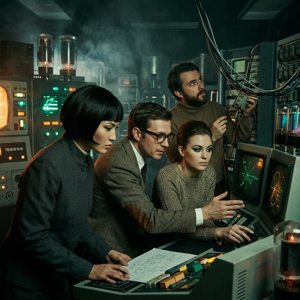 AI/ML Team in 1960s Retro-Futuristic Tech Noir style.