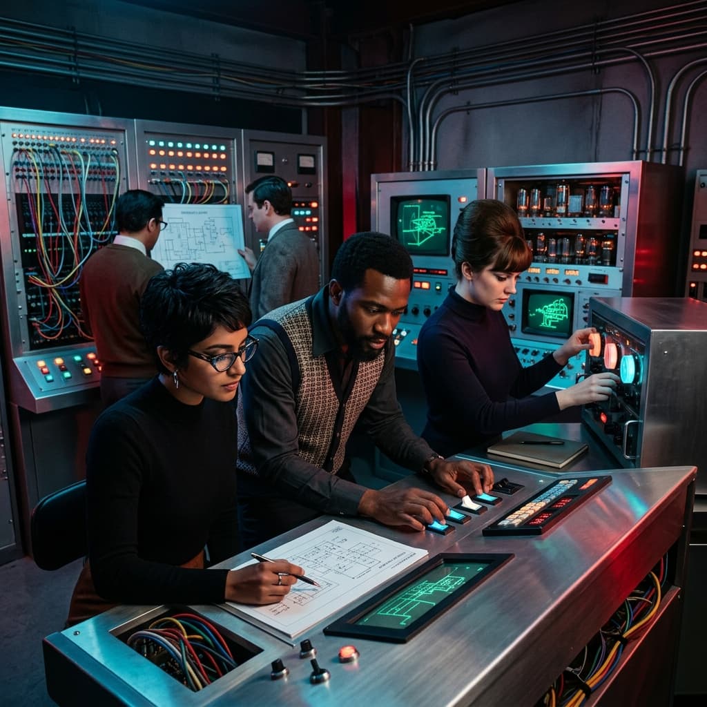 Application Development Team in 1960s Retro-Futuristic Tech Noir style.