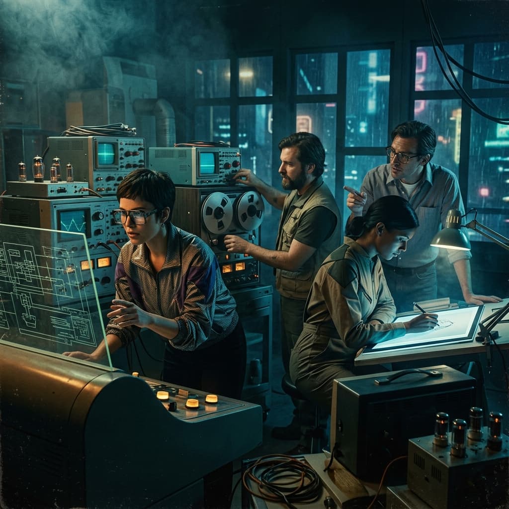 Design Team in 1960s Retro-Futuristic Tech Noir style.
