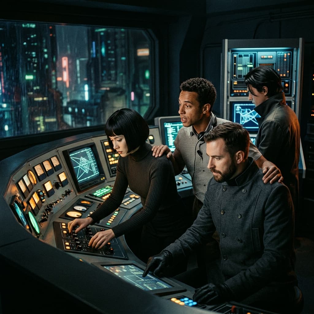 Frontend/UI Engineering Team in 1960s Retro-Futuristic Tech Noir style.
