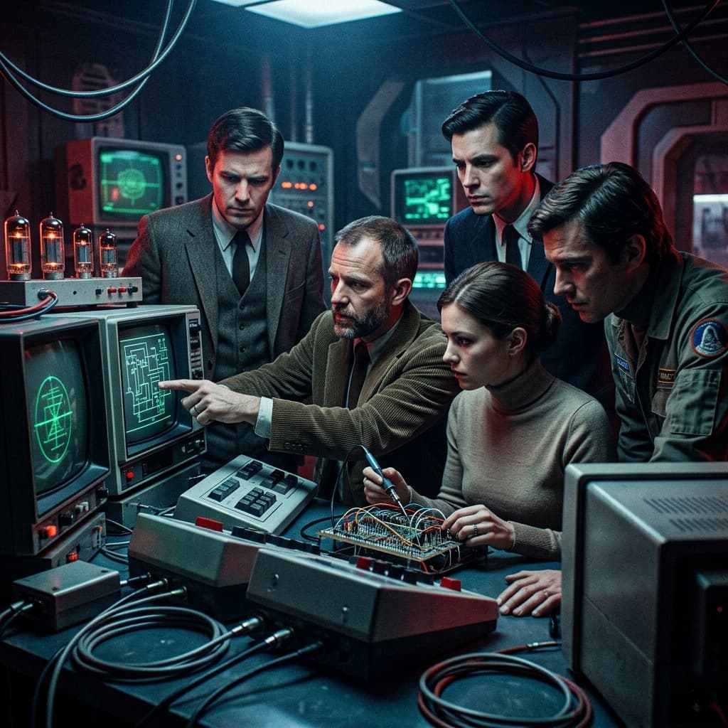 Mobile Engineering Team in 1960s Retro-Futuristic Tech Noir style.