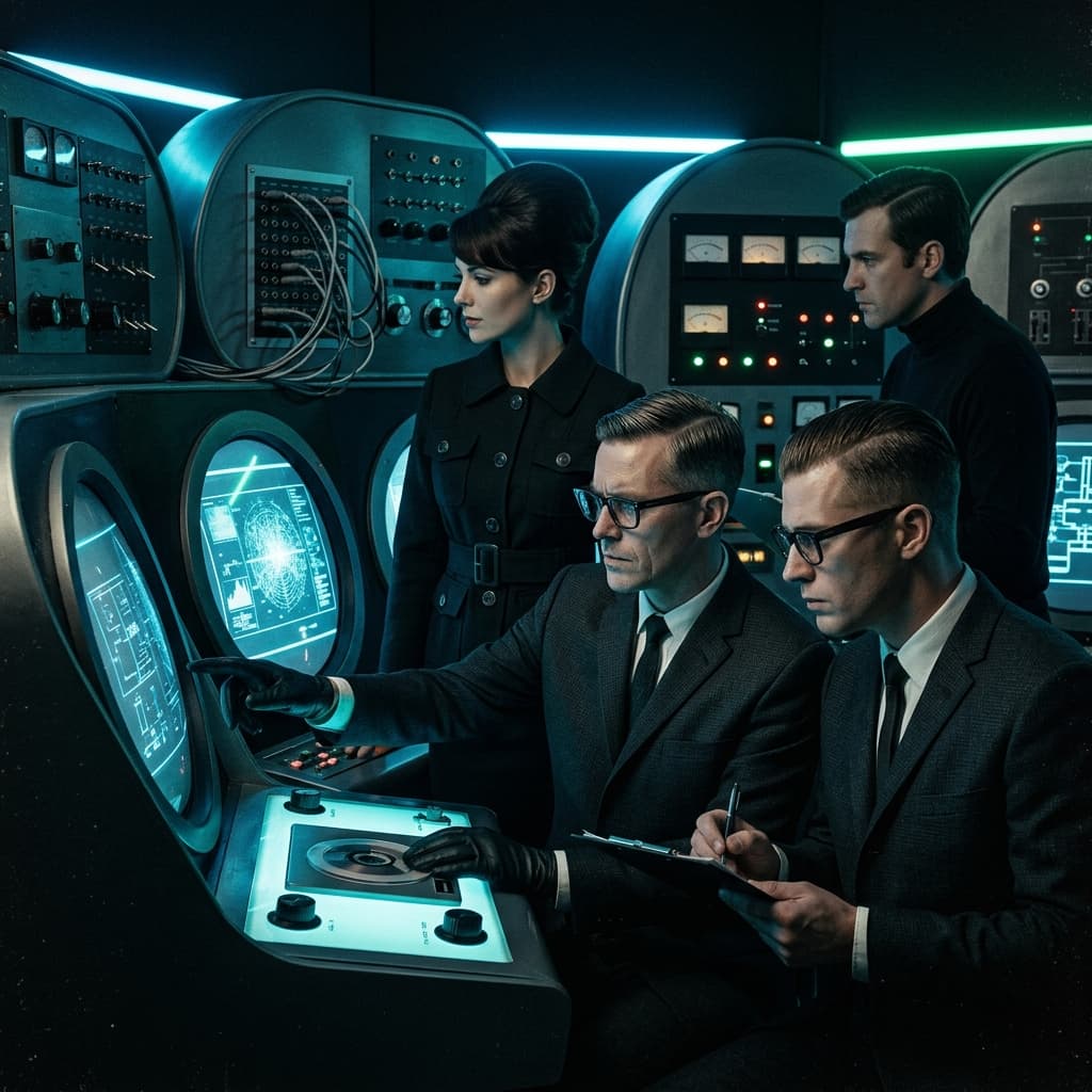 Platform/SRE Team in 1960s Retro-Futuristic Tech Noir style.