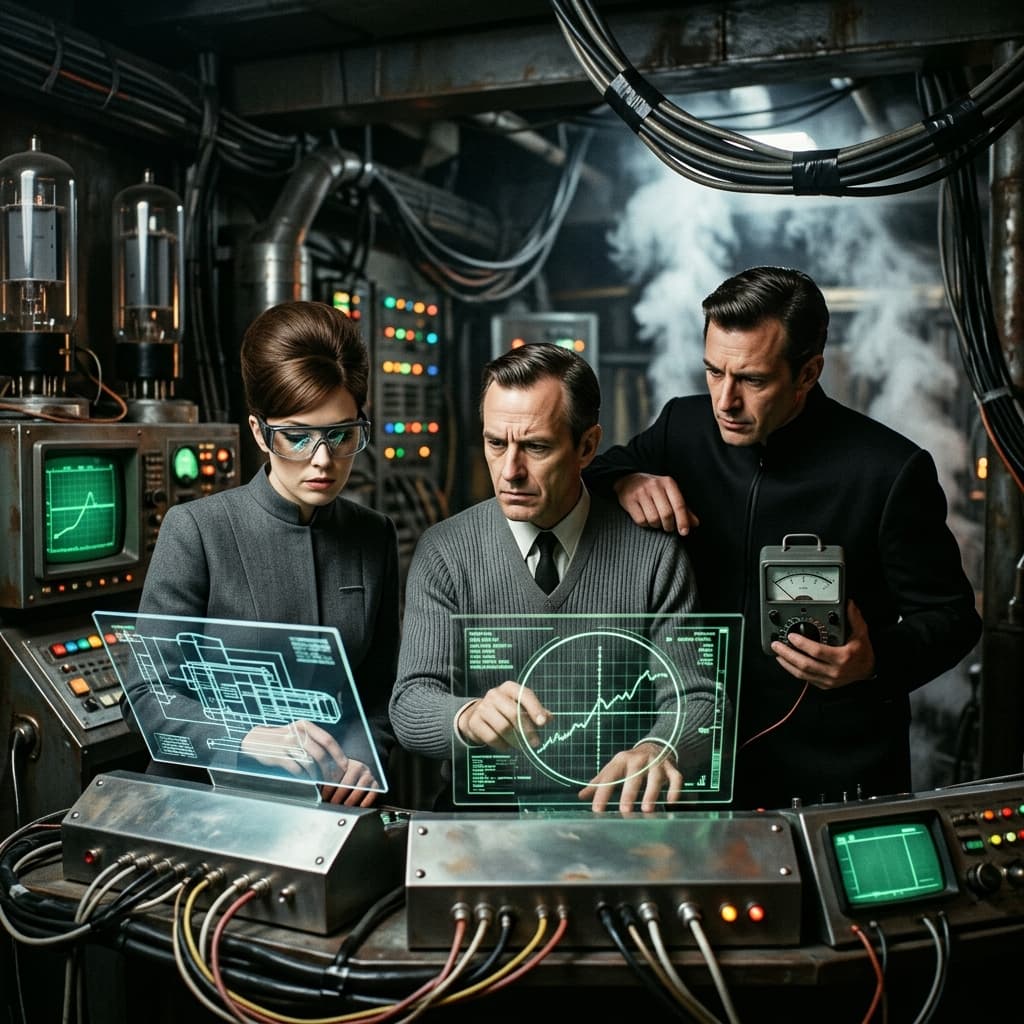 Product Team in 1960s Retro-Futuristic Tech Noir style.
