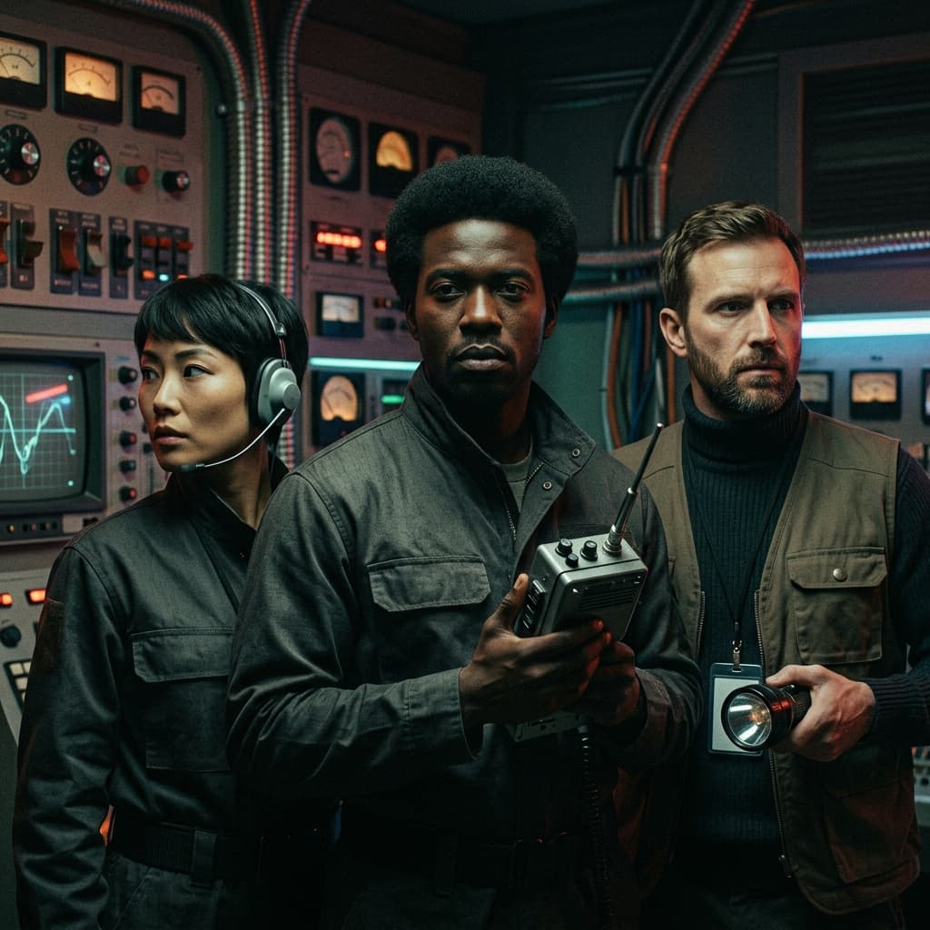 Security Team in 1960s Retro-Futuristic Tech Noir style.