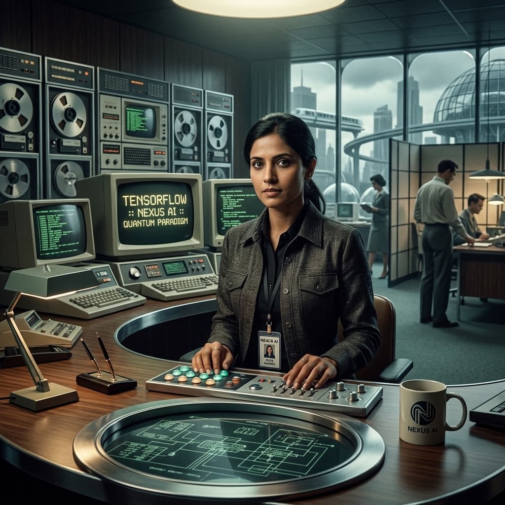 The AI Engineer in 1960s Retro-Futuristic Tech Noir style.