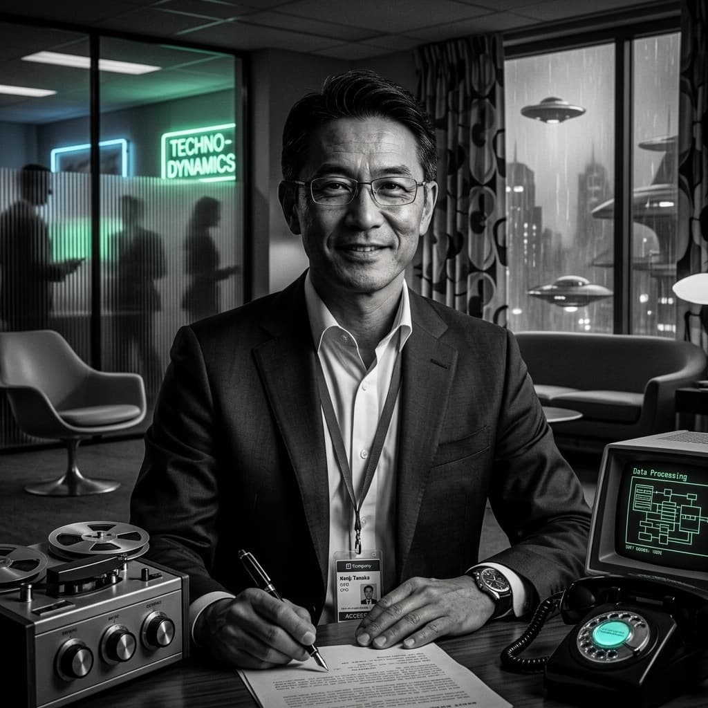 The CFO in 1960s Retro-Futuristic Tech Noir style.