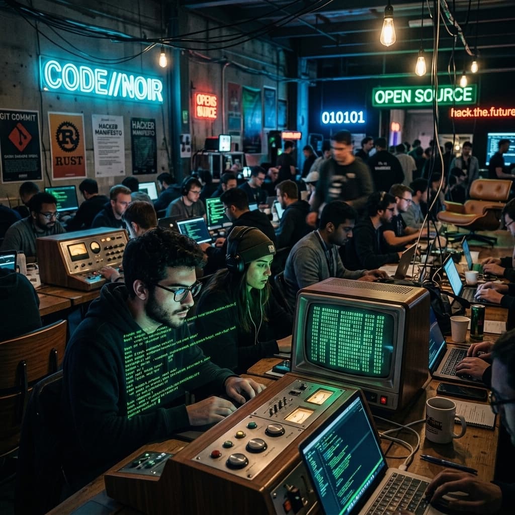 The Developer Community in 1960s Retro-Futuristic Tech Noir style.