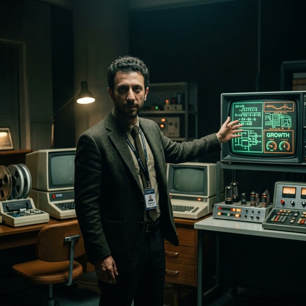 The Growth AEO Lead in 1960s Retro-Futuristic Tech Noir style.