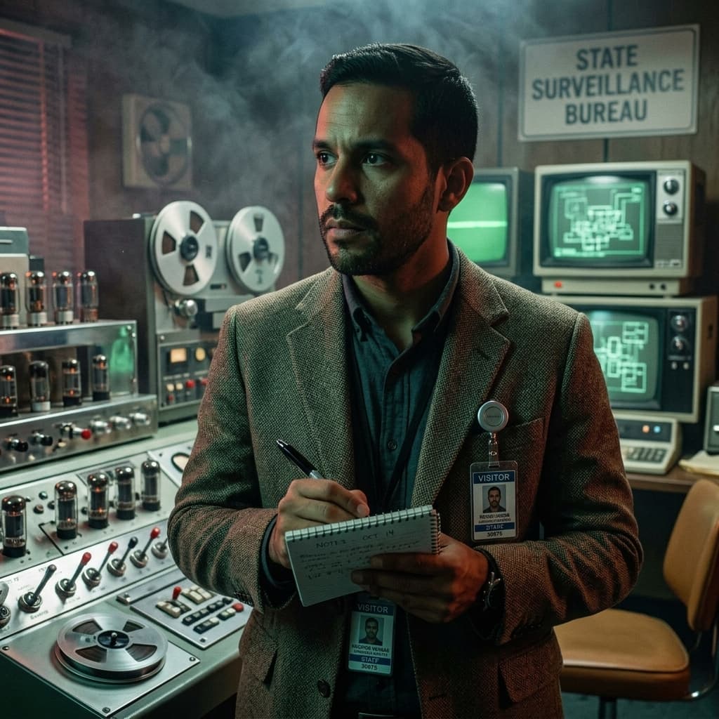 The Journalist Analyst in 1960s Retro-Futuristic Tech Noir style.