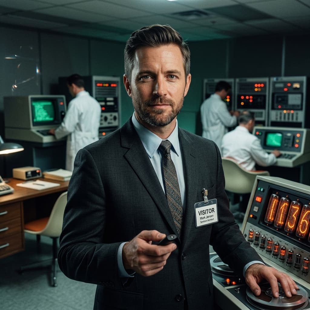 The Sales Engineer in 1960s Retro-Futuristic Tech Noir style.