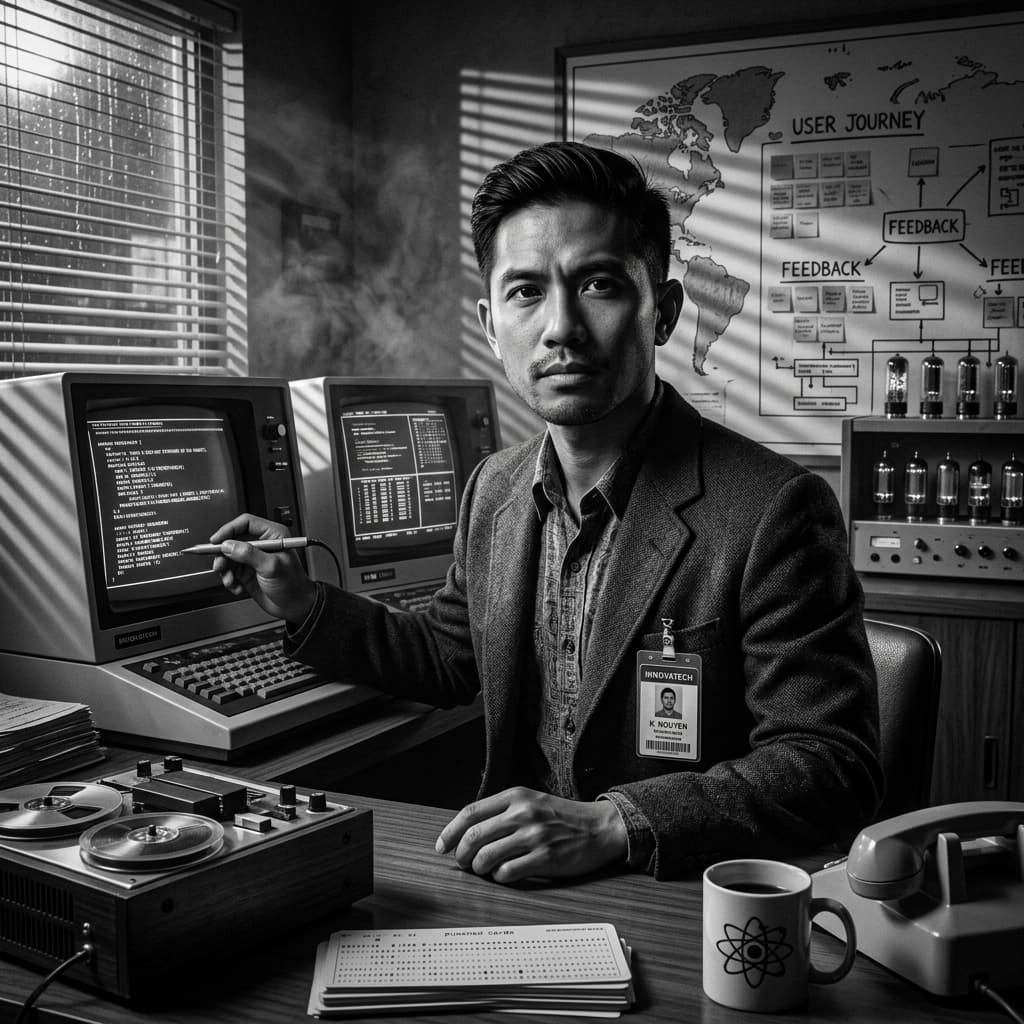 The UX Researcher in 1960s Retro-Futuristic Tech Noir style.
