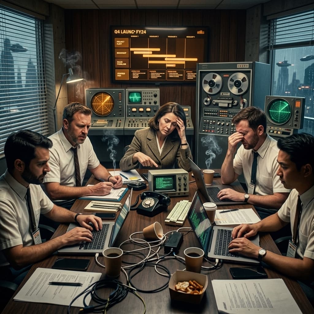 The Vendor Team in 1960s Retro-Futuristic Tech Noir style.