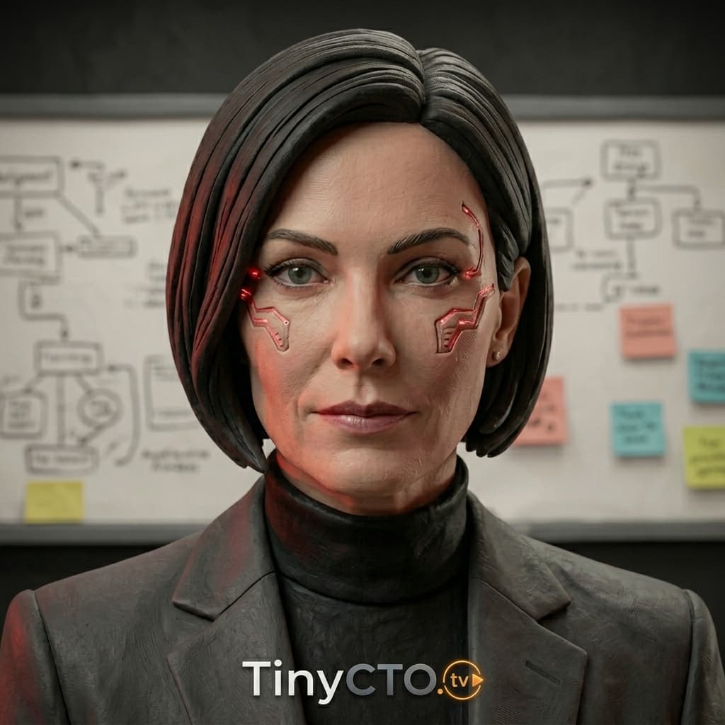 Agent A, Adult woman representing autonomous AI, agentic workflows, tool calling, permissions, planning loops, and governance risk. — Tiny CTO: The Chaos Stack character in Tech Noir style.