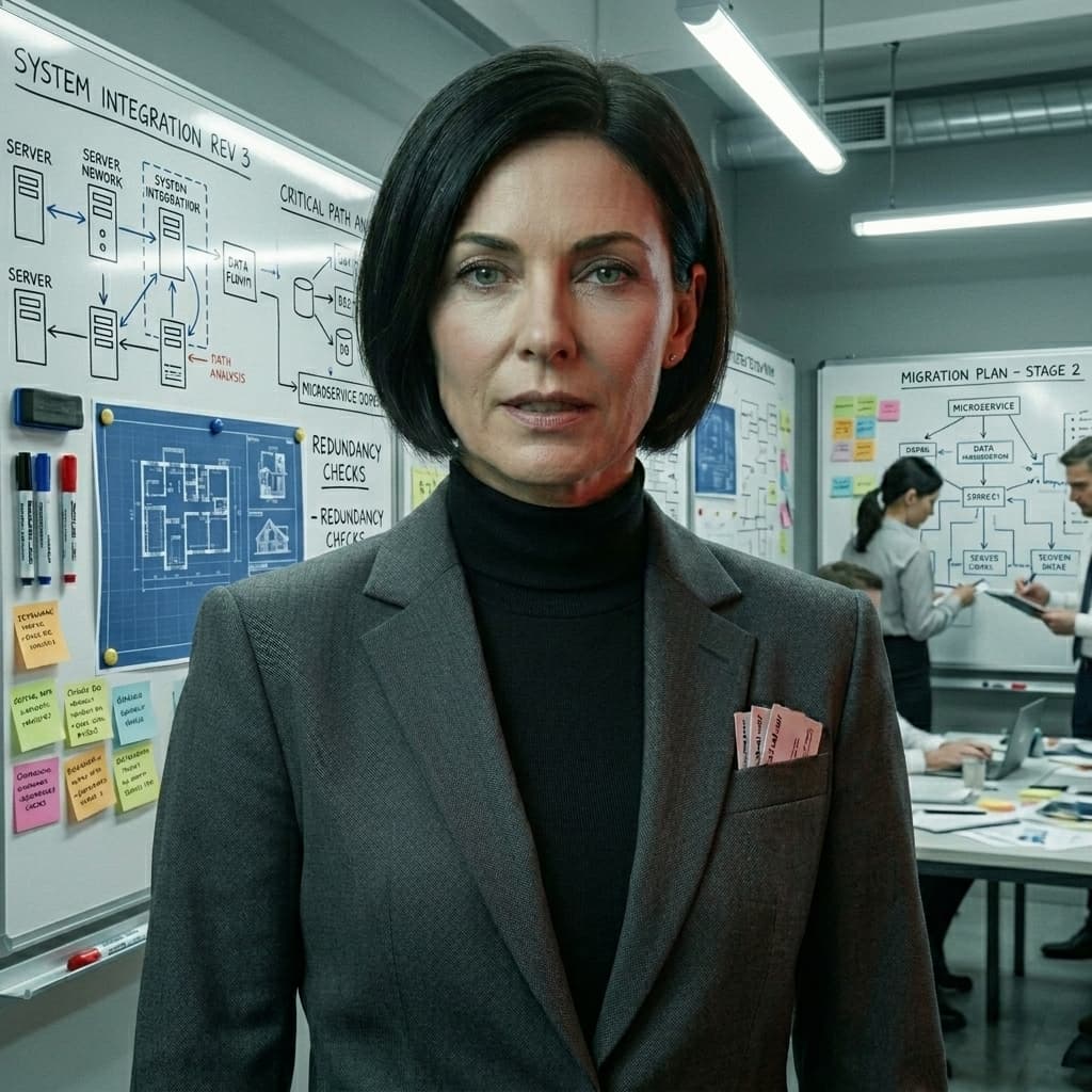 Agent A, Adult woman representing autonomous AI, agentic workflows, tool calling, permissions, planning loops, and governance risk. — Tiny CTO: The Chaos Stack character in Mockumentary style.