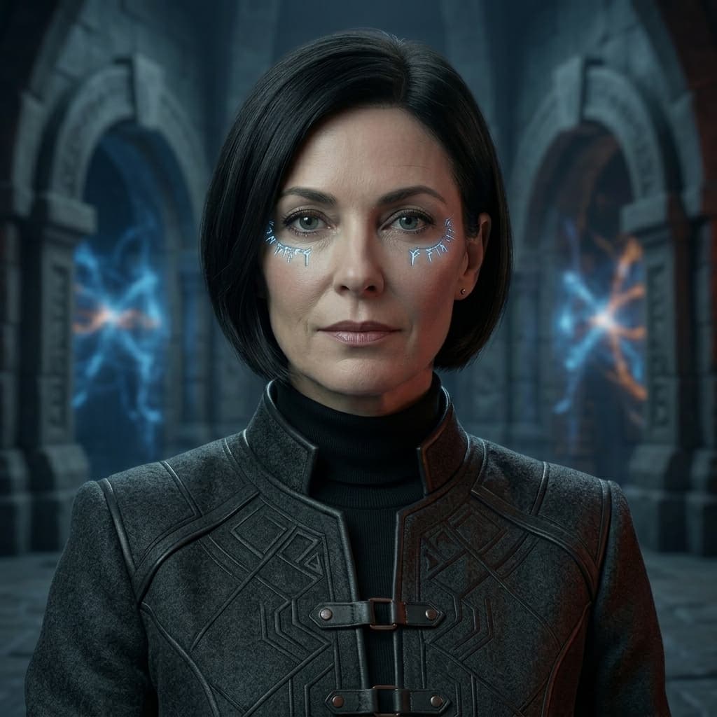 Agent A, Adult woman representing autonomous AI, agentic workflows, tool calling, permissions, planning loops, and governance risk. — Tiny CTO: The Chaos Stack character in Middle World style.