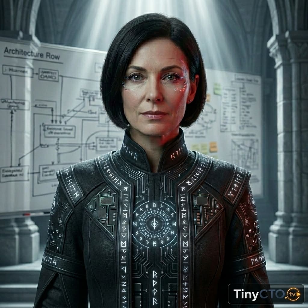 Agent A, Adult woman representing autonomous AI, agentic workflows, tool calling, permissions, planning loops, and governance risk. — Tiny CTO: The Chaos Stack character in Sacred Systems style.