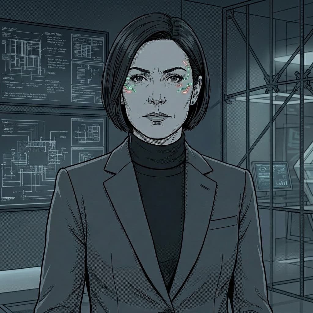 Agent A, Adult woman representing autonomous AI, agentic workflows, tool calling, permissions, planning loops, and governance risk. — Tiny CTO: The Chaos Stack character in Seinen style.