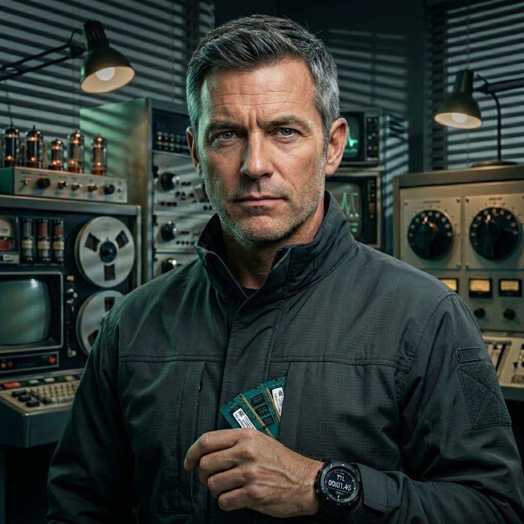 Cache Guy — Memory-Runner, Mature adult male caching specialist representing latency, stale data, TTL, invalidation, freshness windows, and speed-versus-correctness trade-offs. — Tiny CTO: The Chaos Stack character in Tech Noir style.