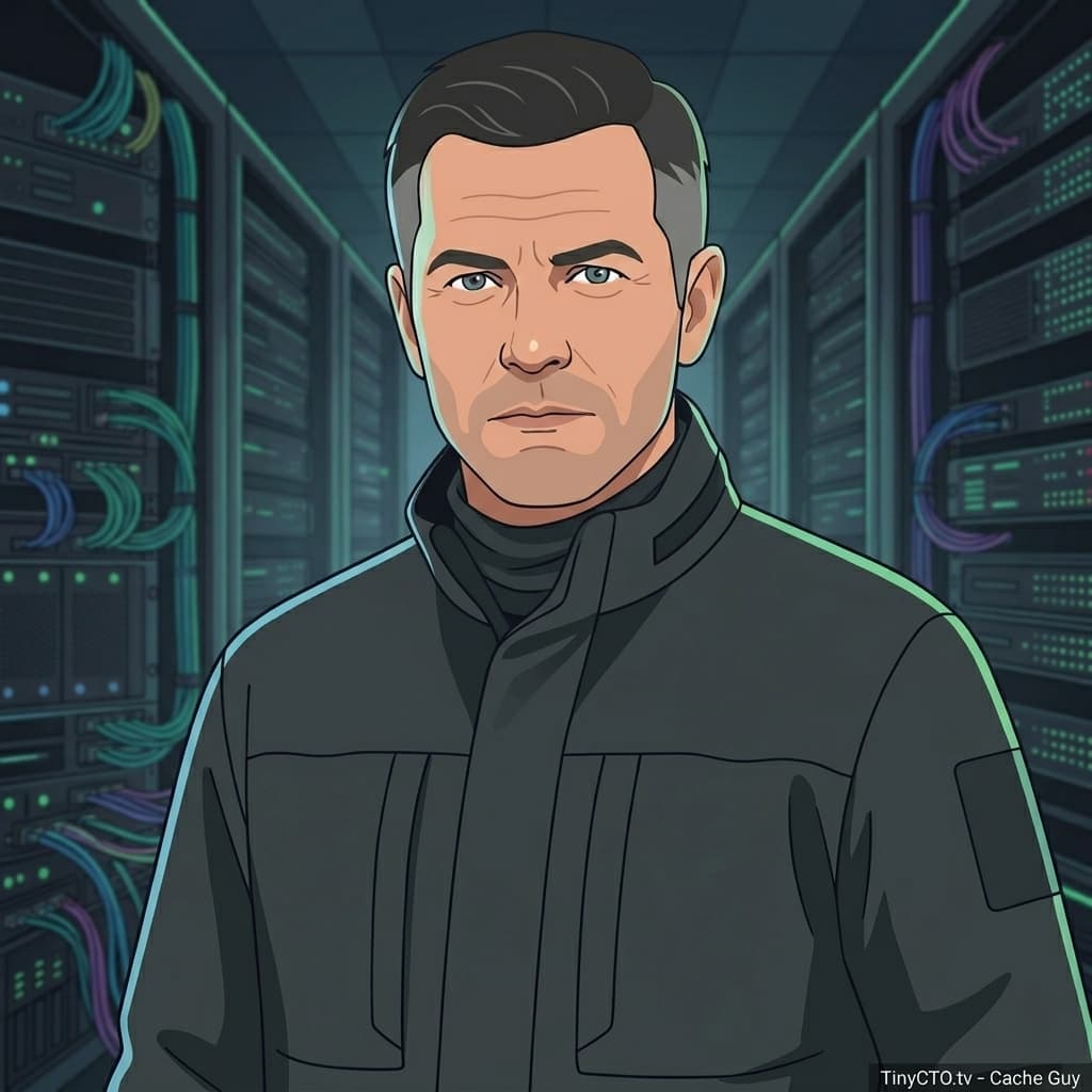 Cache Guy — Memory-Runner, Mature adult male caching specialist representing latency, stale data, TTL, invalidation, freshness windows, and speed-versus-correctness trade-offs. — Tiny CTO: The Chaos Stack character in Motion Explainer style.