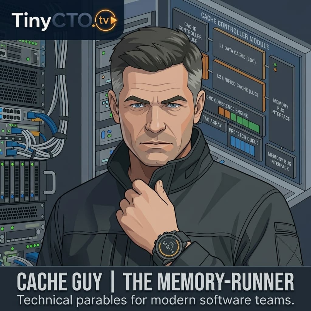 Cache Guy — Memory-Runner, Mature adult male caching specialist representing latency, stale data, TTL, invalidation, freshness windows, and speed-versus-correctness trade-offs. — Tiny CTO: The Chaos Stack character in Isometric style.