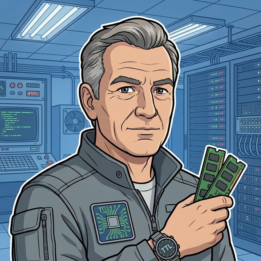 Cache Guy — Memory-Runner, Mature adult male caching specialist representing latency, stale data, TTL, invalidation, freshness windows, and speed-versus-correctness trade-offs. — Tiny CTO: The Chaos Stack character in Retro style.