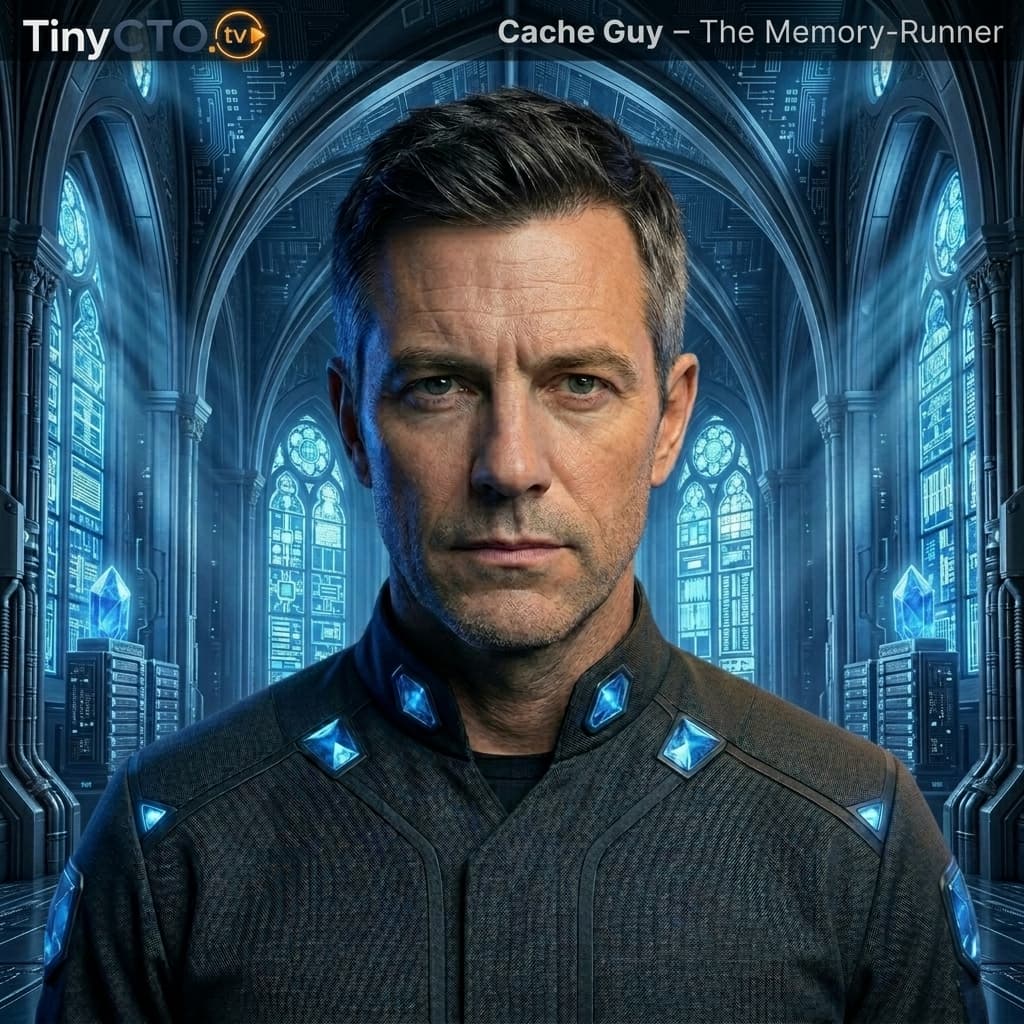 Cache Guy — Memory-Runner, Mature adult male caching specialist representing latency, stale data, TTL, invalidation, freshness windows, and speed-versus-correctness trade-offs. — Tiny CTO: The Chaos Stack character in Sacred Systems style.