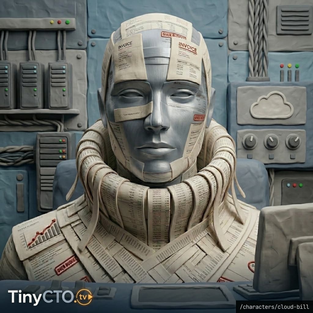 Cloud Bill, Cloud cost consequence character representing scaling, surprise invoices, GPUs, logs, regions, and FinOps reality. — Tiny CTO: The Chaos Stack character in Claymation style.