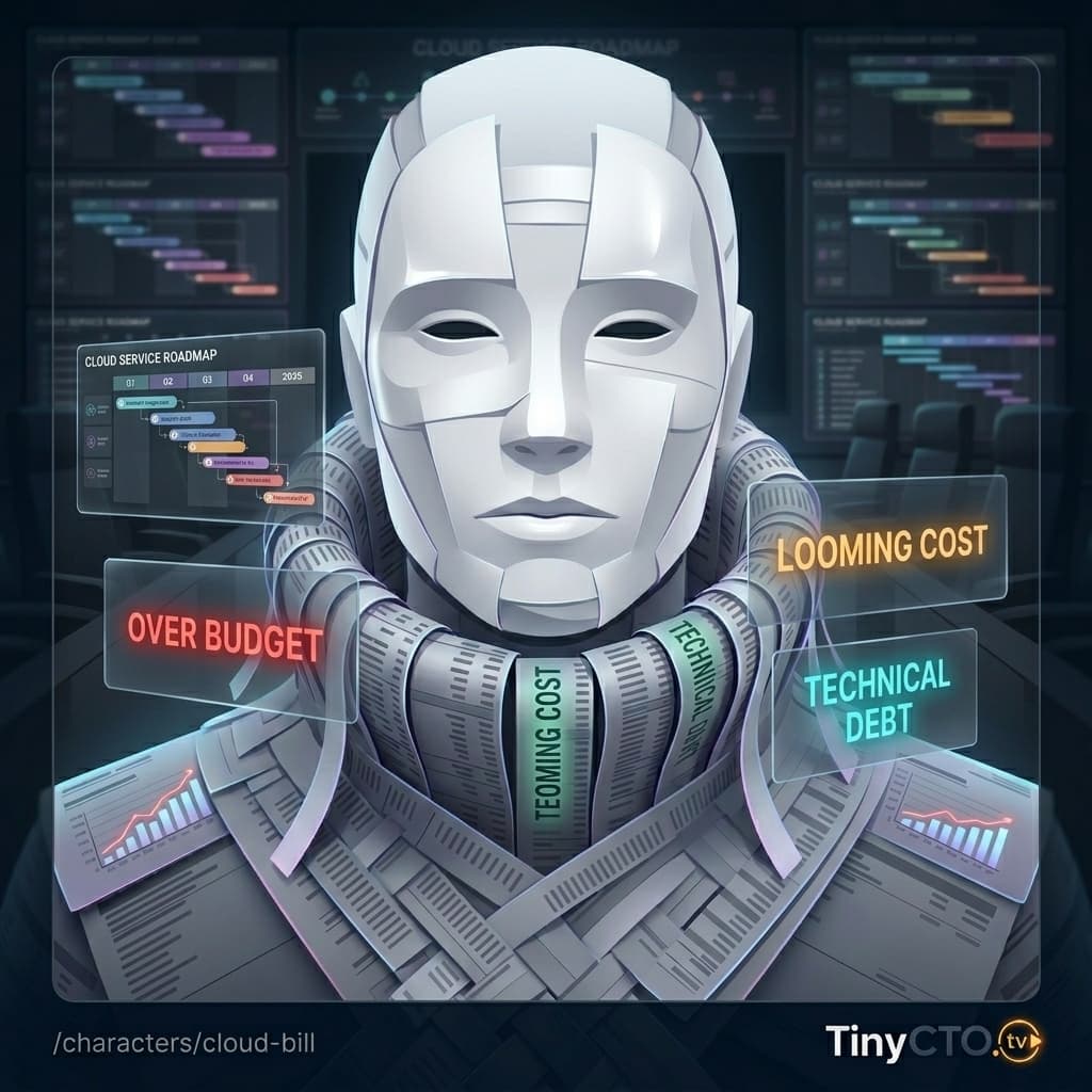 Cloud Bill, Cloud cost consequence character representing scaling, surprise invoices, GPUs, logs, regions, and FinOps reality. — Tiny CTO: The Chaos Stack character in Motion Explainer style.