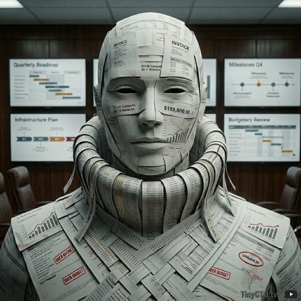 Cloud Bill, Cloud cost consequence character representing scaling, surprise invoices, GPUs, logs, regions, and FinOps reality. — Tiny CTO: The Chaos Stack character in Mockumentary style.