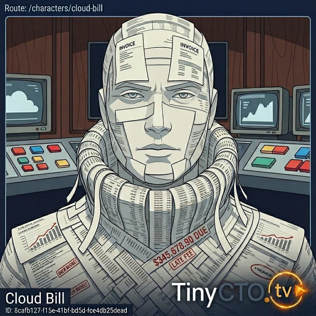 Cloud Bill, Cloud cost consequence character representing scaling, surprise invoices, GPUs, logs, regions, and FinOps reality. — Tiny CTO: The Chaos Stack character in Retro style.