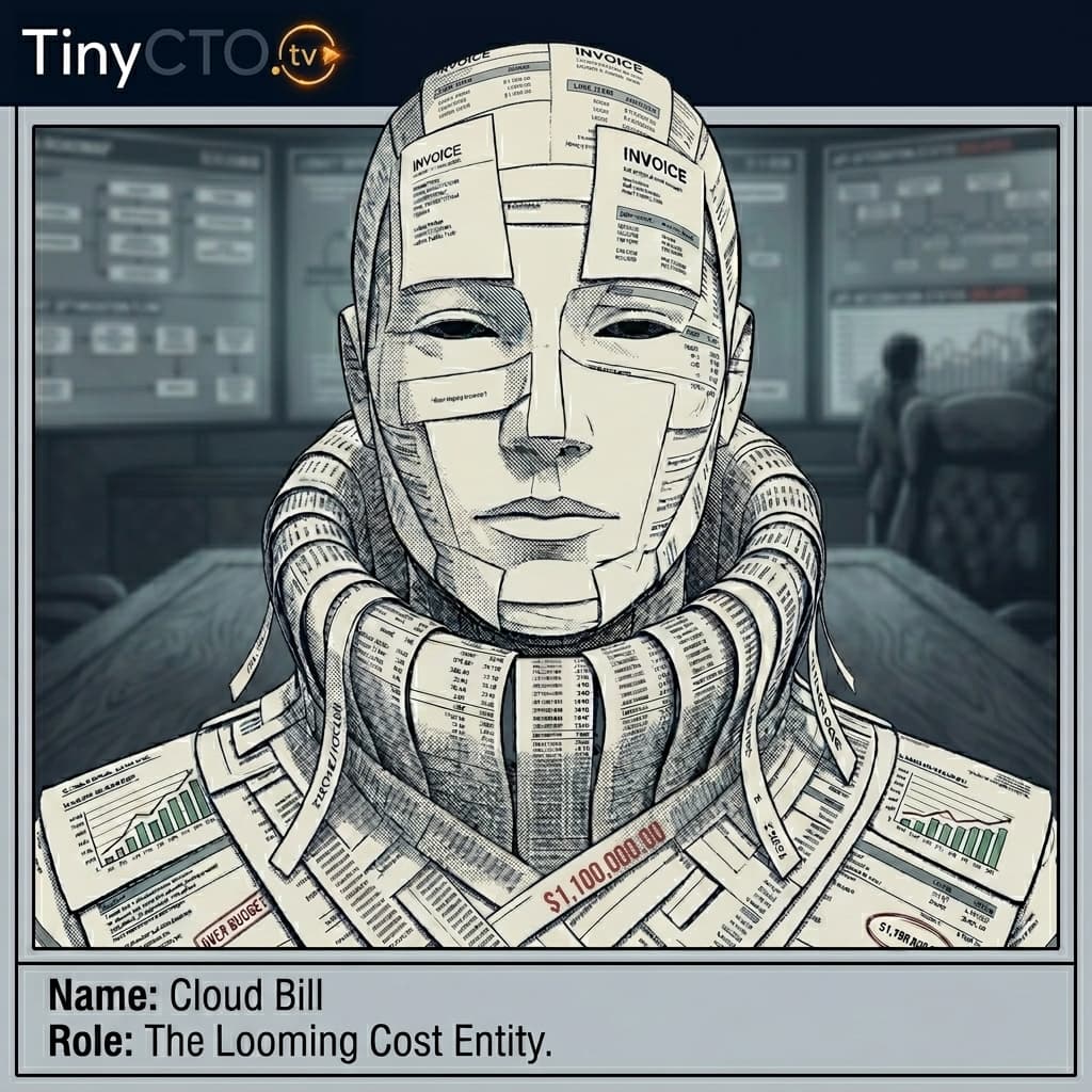 Cloud Bill, Cloud cost consequence character representing scaling, surprise invoices, GPUs, logs, regions, and FinOps reality. — Tiny CTO: The Chaos Stack character in Seinen style.