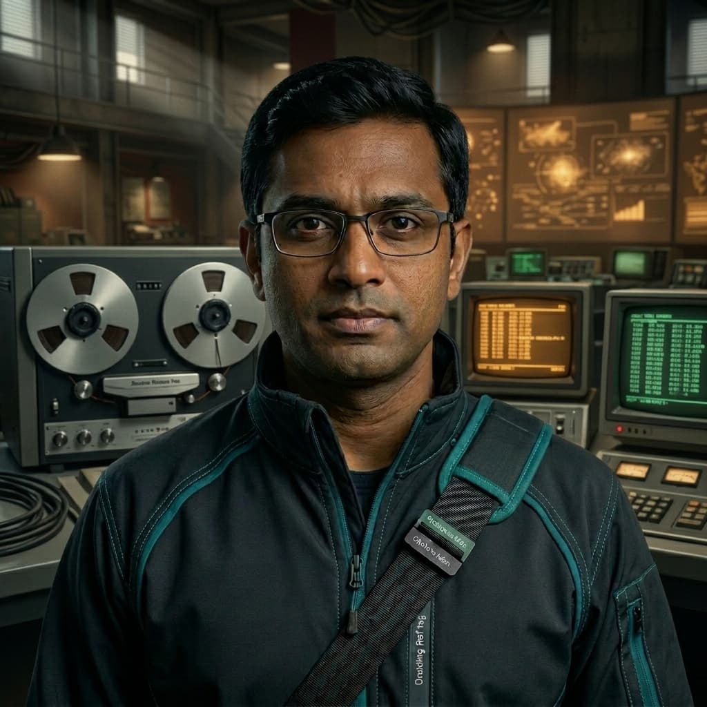 Fetch, Adult Indian male RAG/context retrieval specialist representing retrieval, embeddings, freshness, citations, metadata, and grounding. — Tiny CTO: The Chaos Stack character in Tech Noir style.