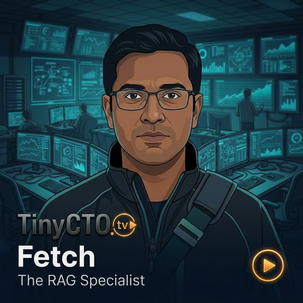 Fetch, Adult Indian male RAG/context retrieval specialist representing retrieval, embeddings, freshness, citations, metadata, and grounding. — Tiny CTO: The Chaos Stack character in Motion Explainer style.