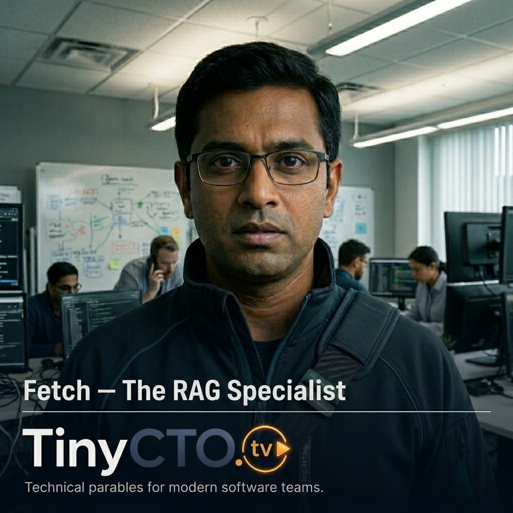 Fetch, Adult Indian male RAG/context retrieval specialist representing retrieval, embeddings, freshness, citations, metadata, and grounding. — Tiny CTO: The Chaos Stack character in Mockumentary style.