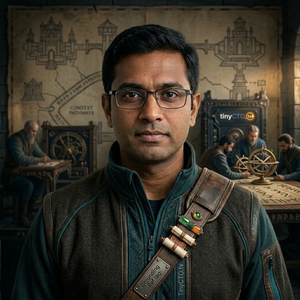 Fetch, Adult Indian male RAG/context retrieval specialist representing retrieval, embeddings, freshness, citations, metadata, and grounding. — Tiny CTO: The Chaos Stack character in Middle World style.