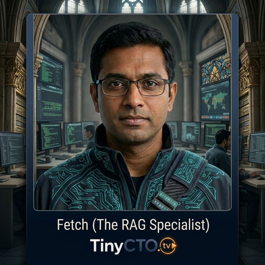 Fetch, Adult Indian male RAG/context retrieval specialist representing retrieval, embeddings, freshness, citations, metadata, and grounding. — Tiny CTO: The Chaos Stack character in Sacred Systems style.