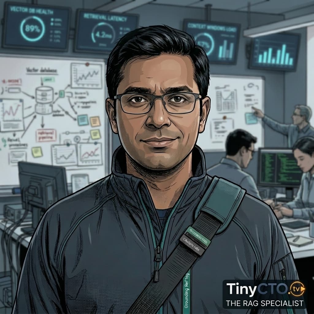 Fetch, Adult Indian male RAG/context retrieval specialist representing retrieval, embeddings, freshness, citations, metadata, and grounding. — Tiny CTO: The Chaos Stack character in Seinen style.