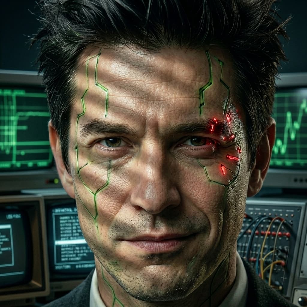 Glitch, Adult-coded defect consultant representing bugs, edge cases, broken assumptions, and production failures. — Tiny CTO: The Chaos Stack character in Tech Noir style.