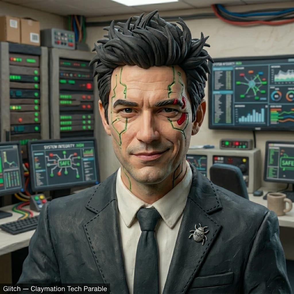 Glitch, Adult-coded defect consultant representing bugs, edge cases, broken assumptions, and production failures. — Tiny CTO: The Chaos Stack character in Claymation style.