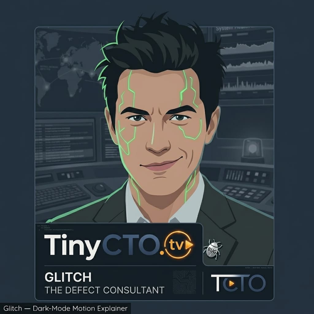 Glitch, Adult-coded defect consultant representing bugs, edge cases, broken assumptions, and production failures. — Tiny CTO: The Chaos Stack character in Motion Explainer style.