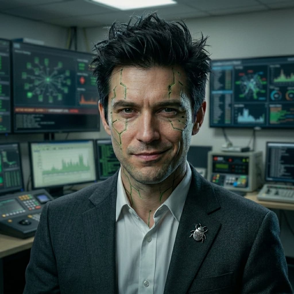 Glitch, Adult-coded defect consultant representing bugs, edge cases, broken assumptions, and production failures. — Tiny CTO: The Chaos Stack character in Mockumentary style.