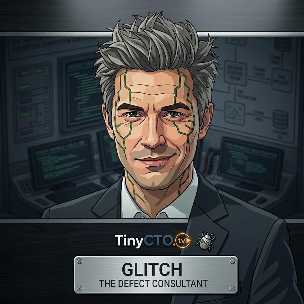 Glitch, Adult-coded defect consultant representing bugs, edge cases, broken assumptions, and production failures. — Tiny CTO: The Chaos Stack character in Isometric style.