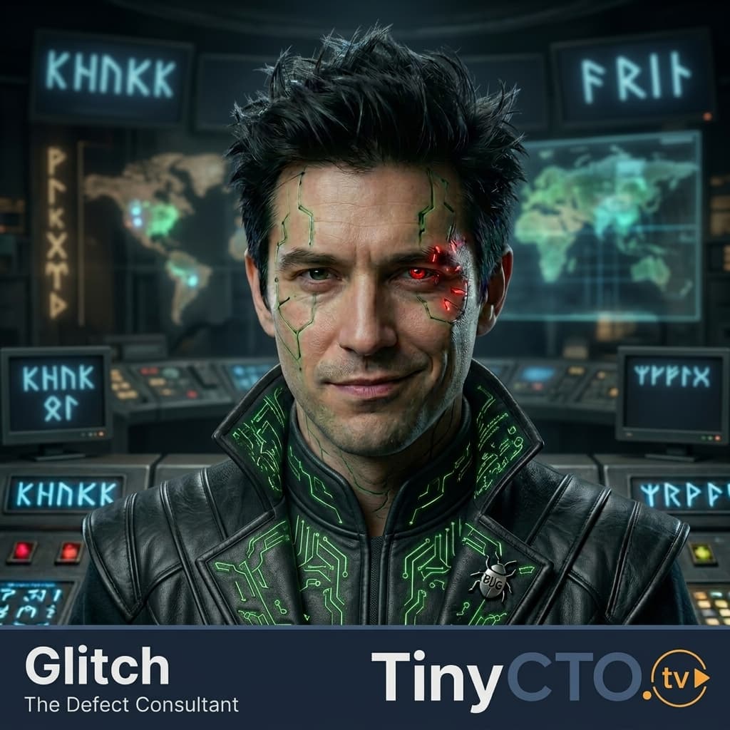 Glitch, Adult-coded defect consultant representing bugs, edge cases, broken assumptions, and production failures. — Tiny CTO: The Chaos Stack character in Middle World style.