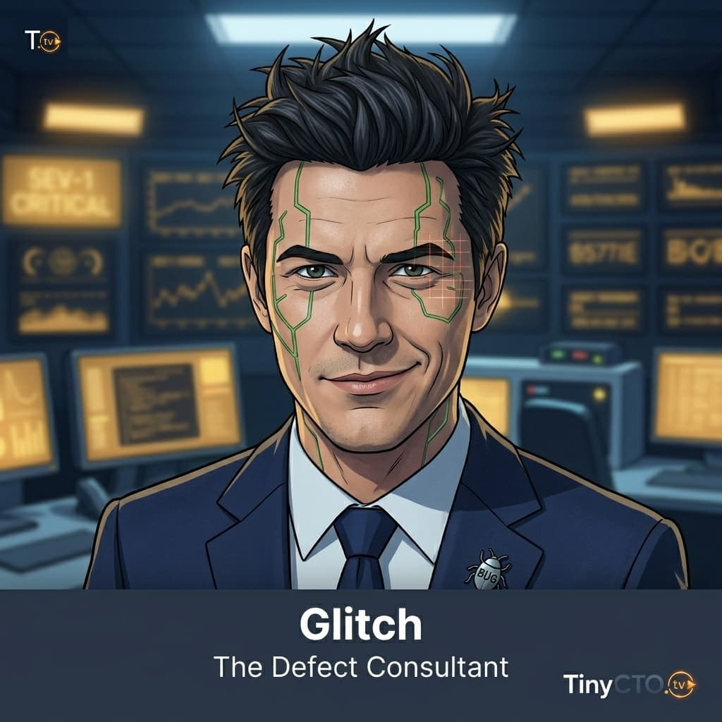 Glitch, Adult-coded defect consultant representing bugs, edge cases, broken assumptions, and production failures. — Tiny CTO: The Chaos Stack character in Retro style.