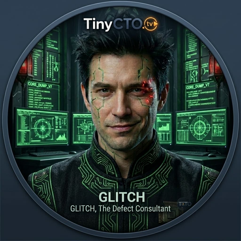 Glitch, Adult-coded defect consultant representing bugs, edge cases, broken assumptions, and production failures. — Tiny CTO: The Chaos Stack character in Sacred Systems style.