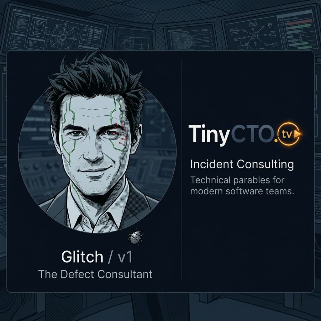 Glitch, Adult-coded defect consultant representing bugs, edge cases, broken assumptions, and production failures. — Tiny CTO: The Chaos Stack character in Seinen style.