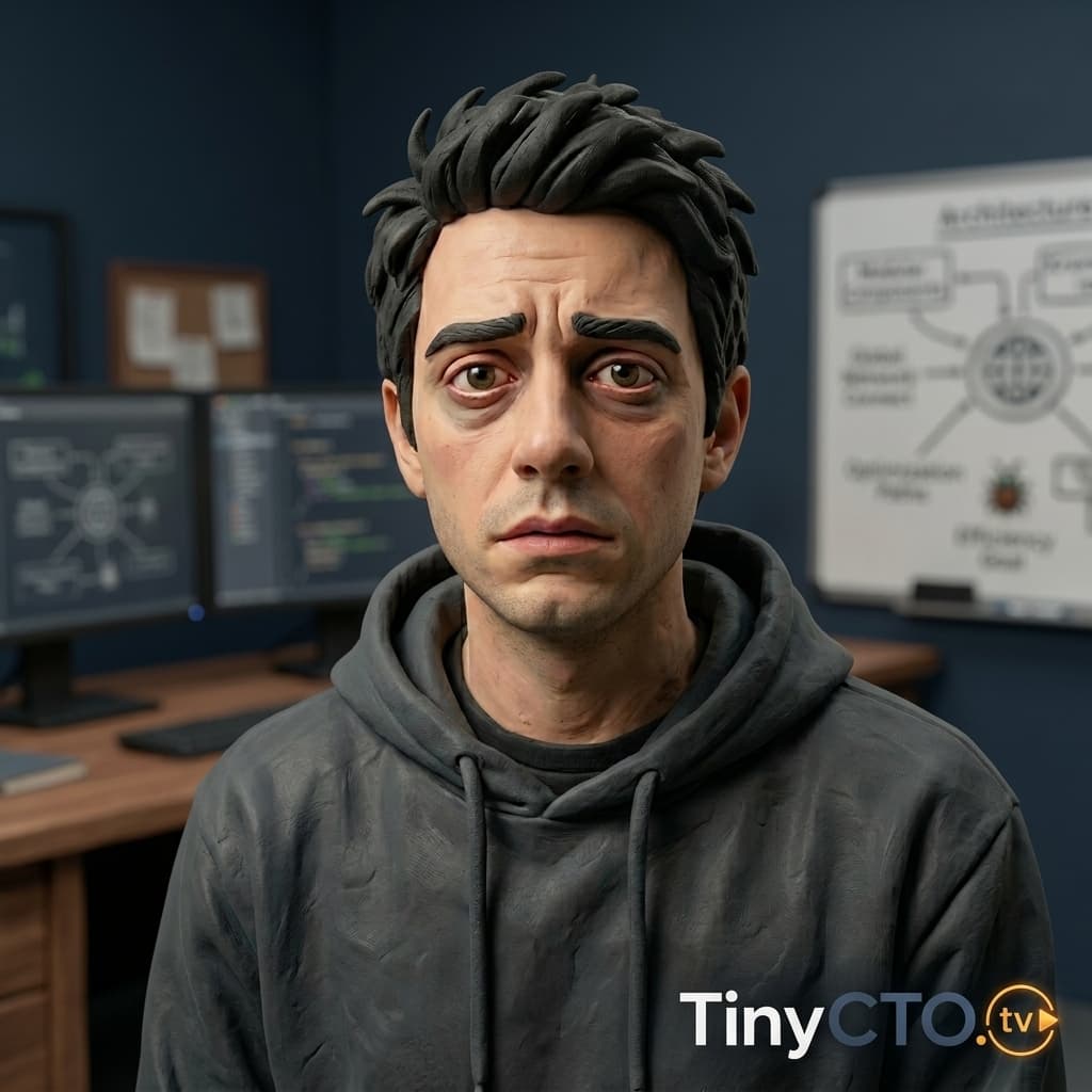 Junior Developer, Young adult sincere developer discovering production reality; helper/audience surrogate. — Tiny CTO: The Chaos Stack character in Claymation style.