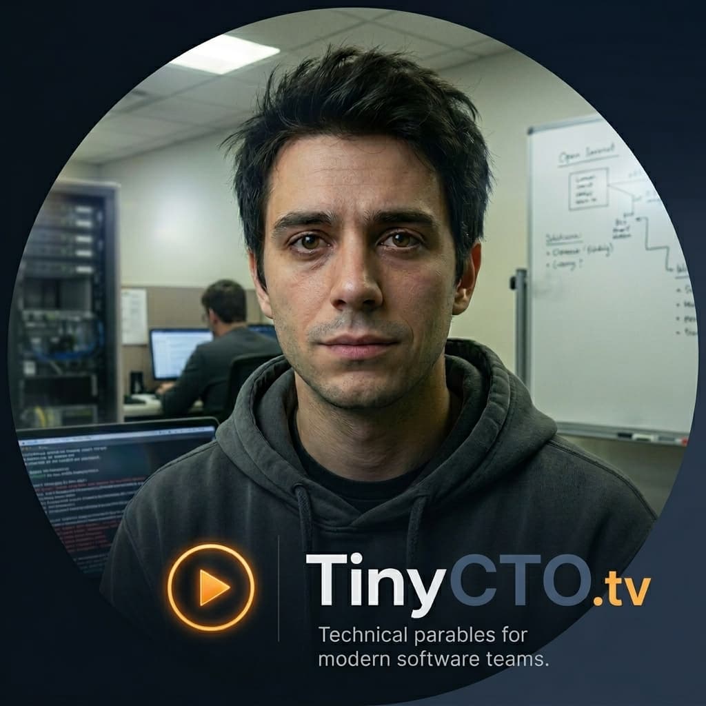Junior Developer, Young adult sincere developer discovering production reality; helper/audience surrogate. — Tiny CTO: The Chaos Stack character in Mockumentary style.